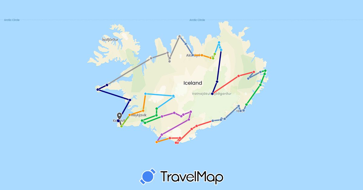 TravelMap itinerary: driving, bus, plane, cycling, train, hiking, boat, hitchhiking, motorbike, electric vehicle in Iceland (Europe)